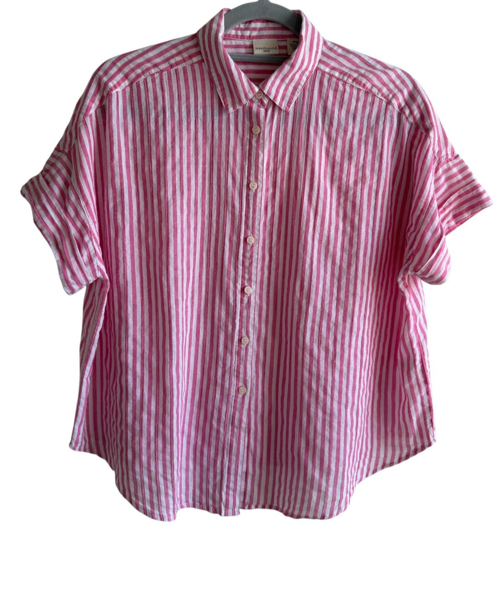 Westbound Petites Pink White Stripe Boxy Button Down Shirt PM Roll Tab Sleeve